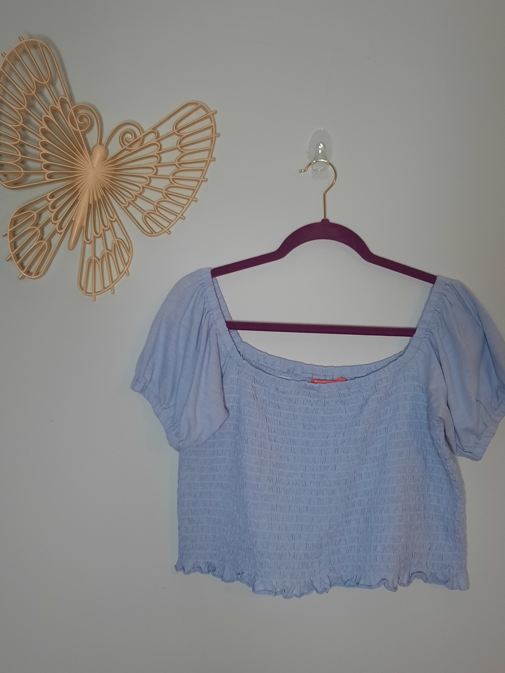 Simply Southern Light Blue Smocked Crop Top with Puff Sleeves